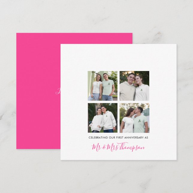 4 photo collage First Anniversary Custom Pink Card (Front/Back)