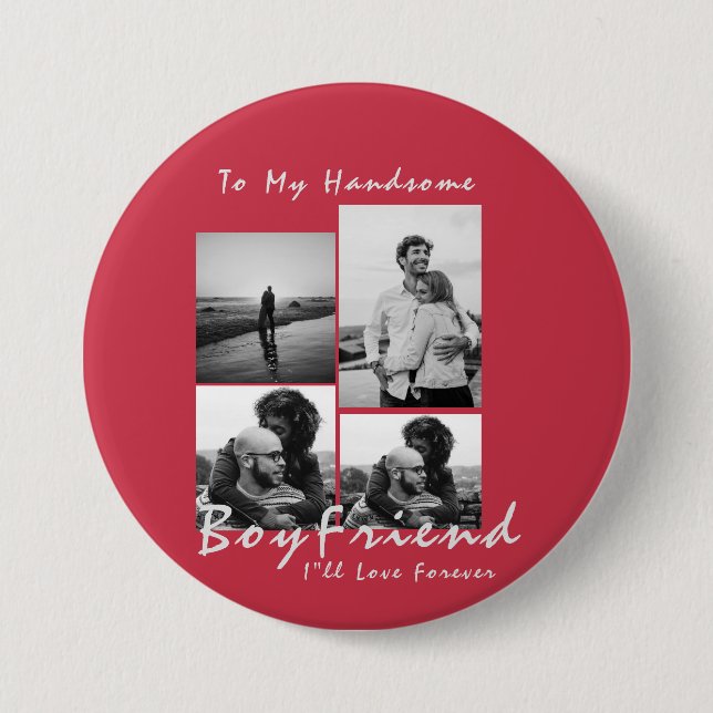  4-Photo Collage Forever Boyfriend Valentine's day 7.5 Cm Round Badge (Front)