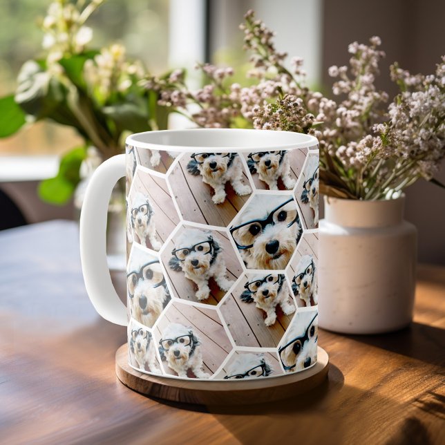 4 Photo Collage - funky hexagon pattern Coffee Mug (Mug template with a place for photos)