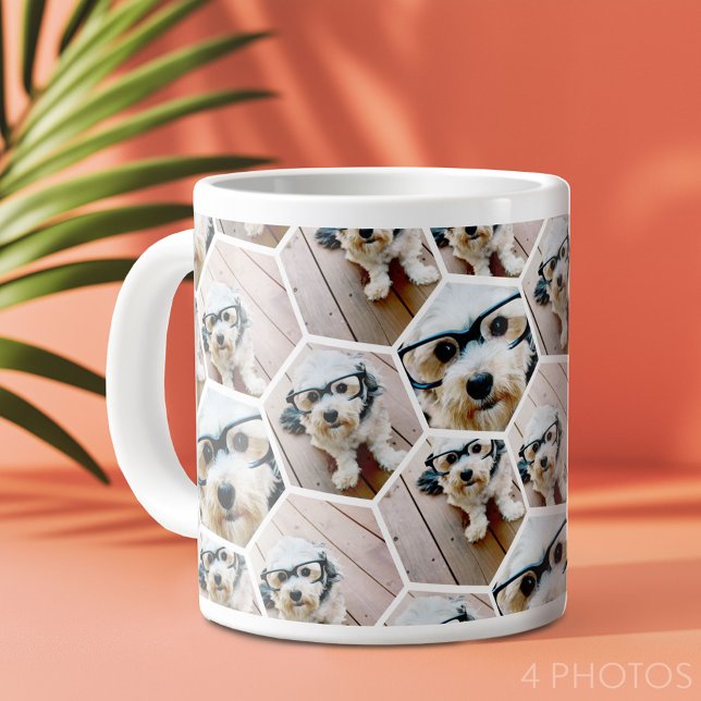 4 Photo Collage - funky hexagon pattern Large Coffee Mug (4 photo personalized coffee mug - funky hexagon pattern)