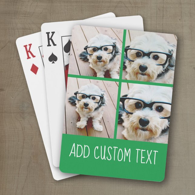 4 Photo Collage - funky text can change green Playing Cards (Personalized playing cards with photos and an area for text such as a name or monogram)