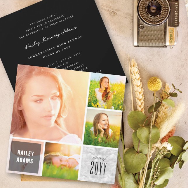 4 Photo Collage Glitter Squares Graduation Party Invitation (Creator Uploaded)