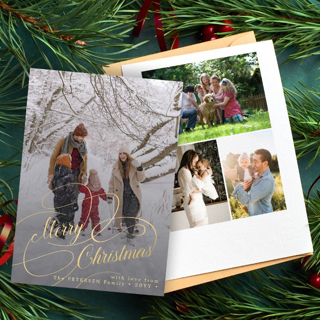 4 photo collage gold Merry Christmas script Holiday Card (Creator Uploaded)