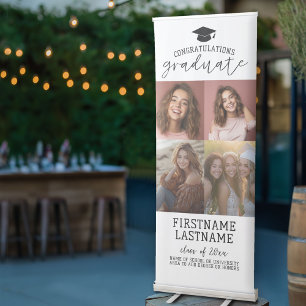 4 Photo Collage Graduation Modern Minimal White Retractable Banner