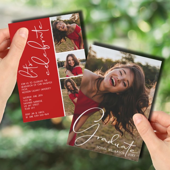 4 Photo Collage Graduation Scarlet Red Invitation (4 Photo Collage Graduation Scarlet Red Invitations)