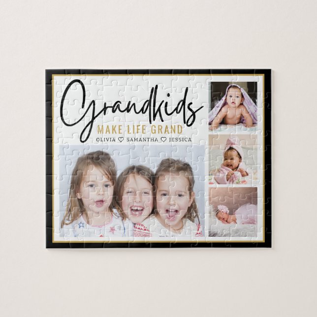 4 Photo Collage Grandkids Make Life Grand Quote Jigsaw Puzzle (Horizontal)