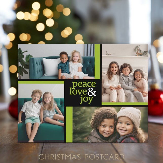 4 Photo collage green black Peace Love Joy Holiday Postcard (Add 4 Photos to this Holiday Postcard)