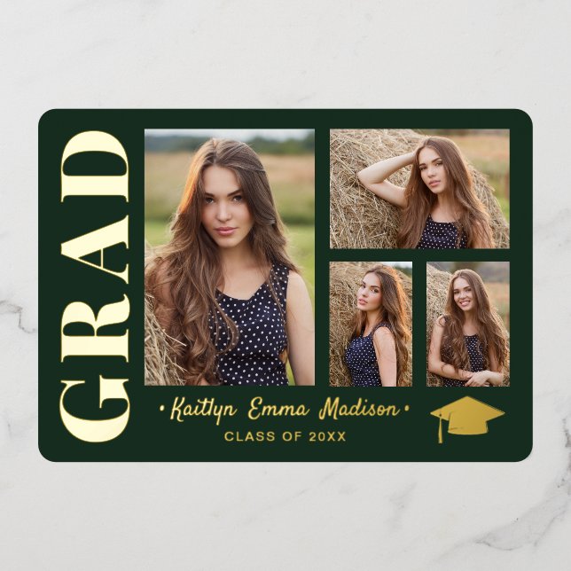 4 Photo Collage Green & Gold Foil Grad Card (Front)