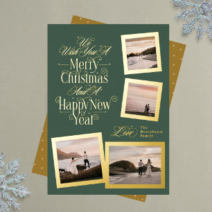 4 photo collage green merry christmas new year foil holiday card