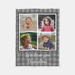 4 Photo Collage Grey Buffalo Plaid Grandma Fleece Blanket