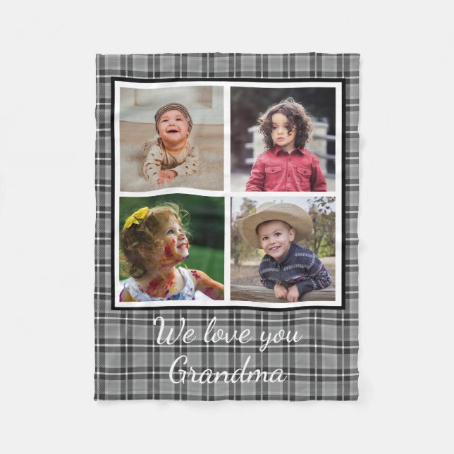 4 Photo Collage Grey Buffalo Plaid Grandma Fleece Blanket (Front)