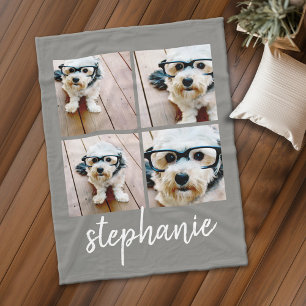 4 Photo Collage grey with modern script name Fleece Blanket