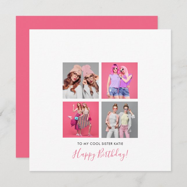 4 photo collage Happy Birthday Sister Name Pink Card (Front/Back)
