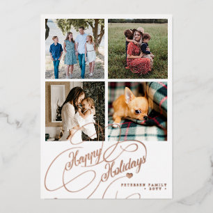 4 photo collage Happy Holidays elegant script Foil Holiday Card