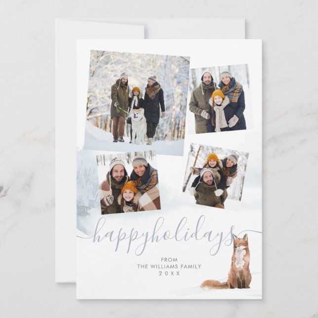 4 Photo Collage Happy Holidays Winter Woodland Fox Holiday Card (Front)