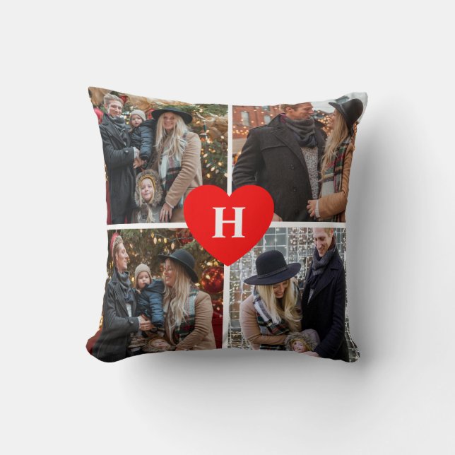 4 Photo Collage Heart Monogrammed Cushion (Front)