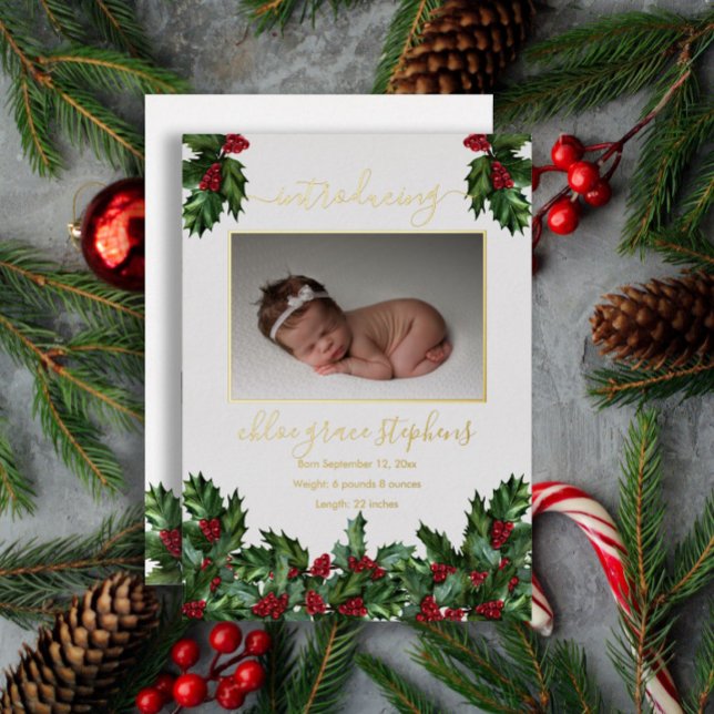 4 Photo Collage Holly Berries Birth Announcement  (Creator Uploaded)