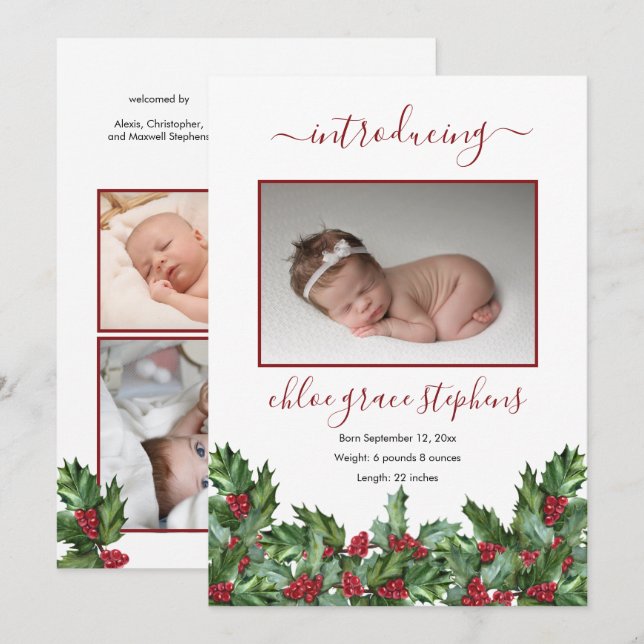 4 Photo Collage Holly | Berries Girl Birth Announc Announcement (Front/Back)