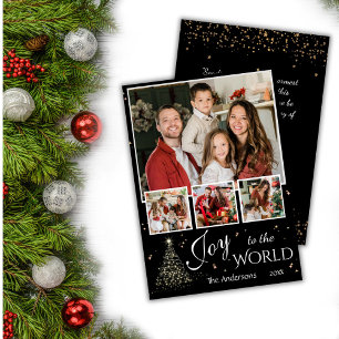 4 photo collage Joy to the world black Christmas Holiday Card
