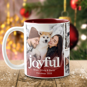 4 Photo Collage Joyful Bold Type Red Christmas Two-Tone Coffee Mug