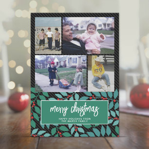 4 Photo Collage - Merry Christmas Botanical Black Holiday Card