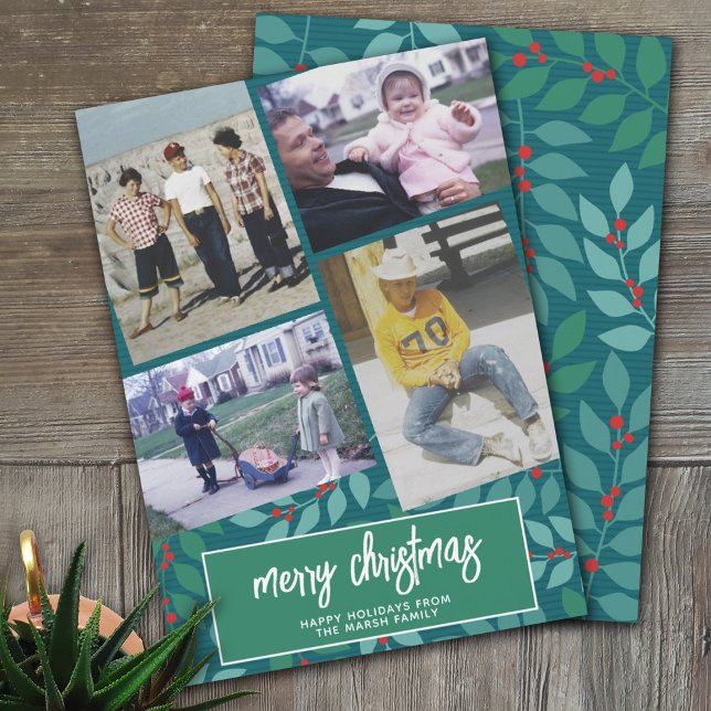 4 Photo Collage - Merry Christmas Botanical Green Holiday Card (Creator Uploaded)