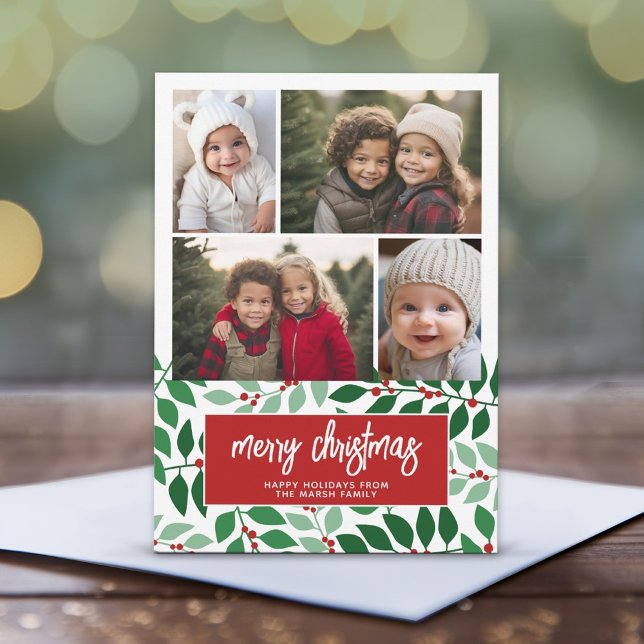 4 Photo Collage - Merry Christmas Botanical Red Holiday Card (4 Photo Christmas Card with Botanical Design - Print or Instant Download)