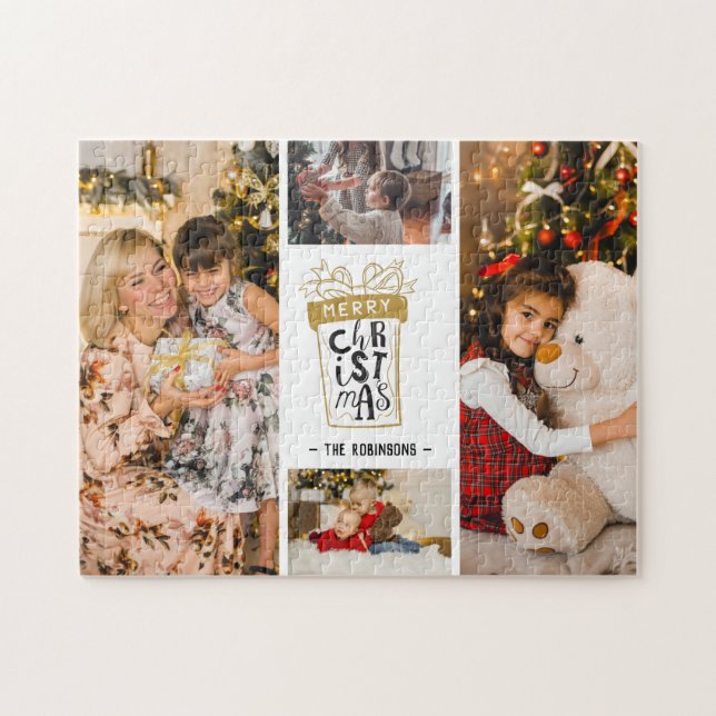 4 Photo Collage Merry Christmas Gift Custom Name  Jigsaw Puzzle (Horizontal)