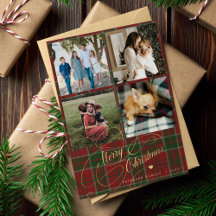4 photo collage Merry Christmas script plaid