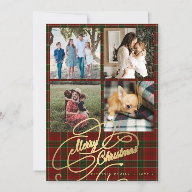 4 photo collage Merry Christmas script red tartan Holiday Card (Front)
