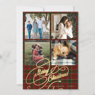 4 photo collage Merry Christmas script red tartan Holiday Card