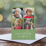4 Photo Collage Minimal Christmas green season Holiday Card<br><div class="desc">Vintage green Plaid Pattern on the back - A simple,  minimalist Holiday greeting with 4 square photos and modern calligraphy. Crop your photos into squares before uploading.</div>