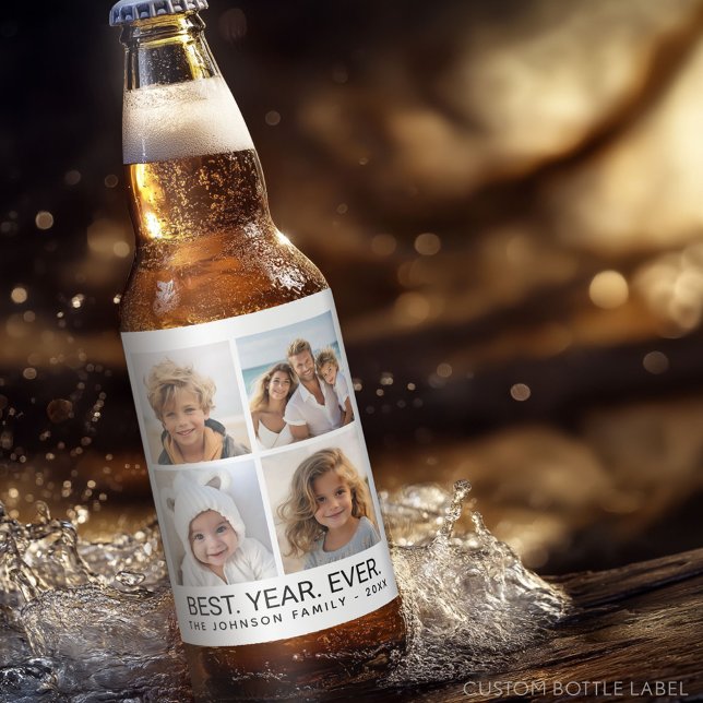 4 Photo Collage Minimalist - Best Year Ever Beer Bottle Label (Custom Beer Bottle Label - Photo Label)