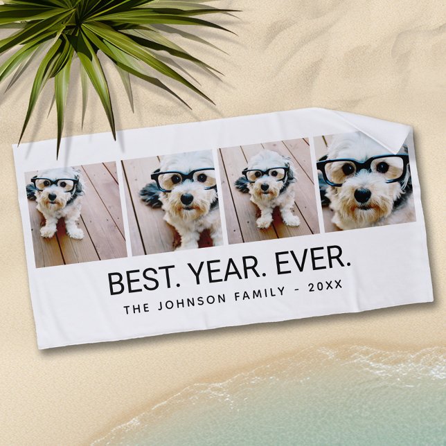 4 Photo Collage Minimalist - Best Year Ever white Beach Towel (Personalized Beach Towel - Add Photos and Text)