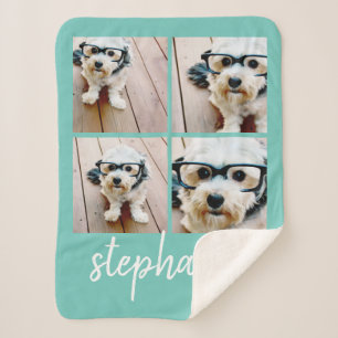 4 Photo Collage Minimalist Handwritten Name Sherpa Blanket