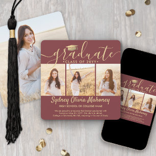 4 Photo Collage Modern Burgundy & Gold Graduation Announcement