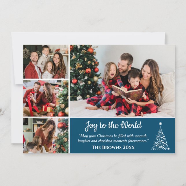 4 photo collage modern cute blue Joy to the world Holiday Card (Front)