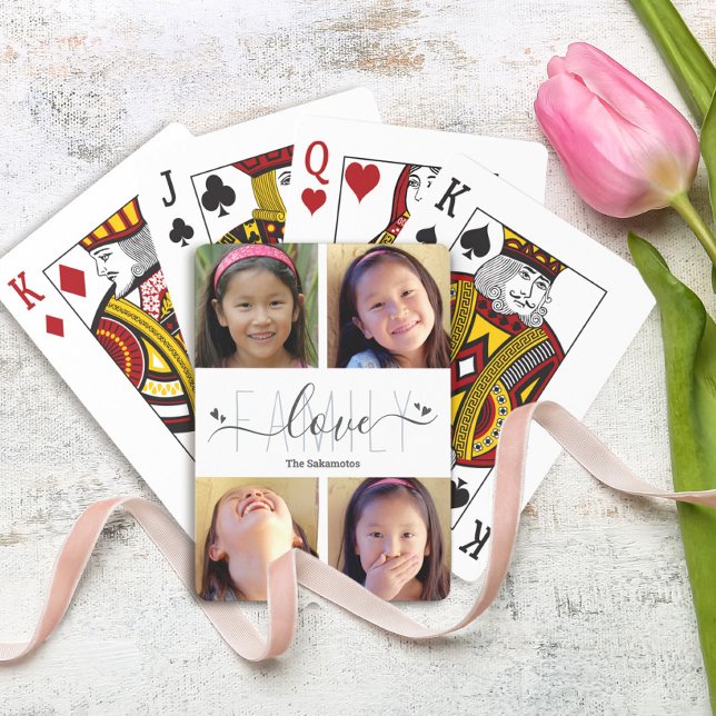 4 Photo Collage Modern Family Love Script Hearts Playing Cards (Creator Uploaded)
