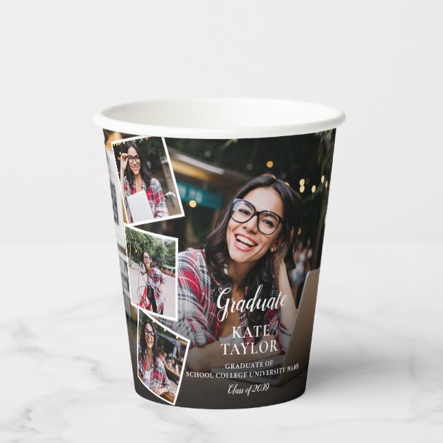4 Photo Collage Modern Graduation Party Paper Cups (Front)