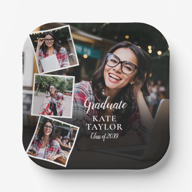  4 Photo Collage Modern Graduation Party Paper Plate (Front)