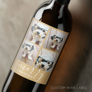 4 Photo Collage - Modern Merry Christmas gold Wine Label