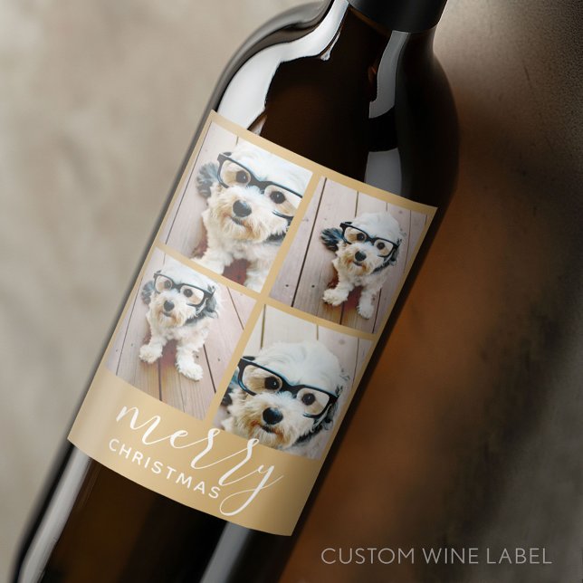 4 Photo Collage - Modern Merry Christmas gold Wine Label (Custom Wine Bottle Label - Personalize a Sticker for a fun gift or memento)