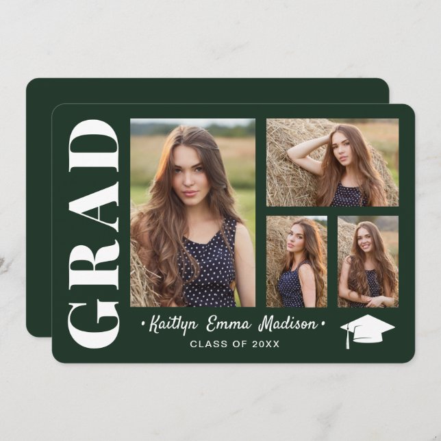 4 Photo Collage Modern Script Green Grad Announcement (Front/Back)