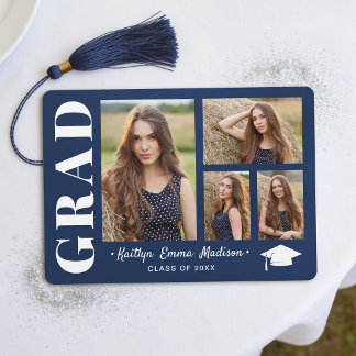 4 Photo Collage Modern Script Navy Blue Grad Announcement