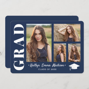 4 Photo Collage Modern Script Navy Blue Grad Announcement