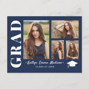 4 Photo Collage Modern Script Navy Blue Grad Postcard
