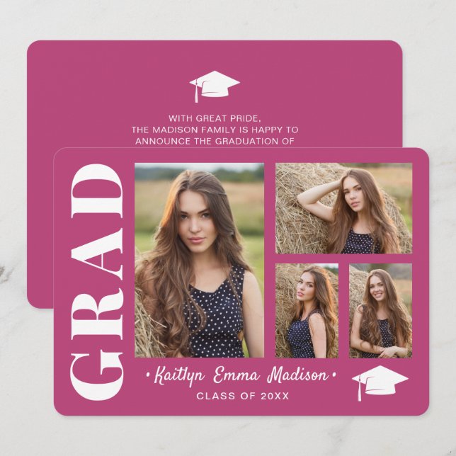 4 Photo Collage Modern Script Pink Grad Announcement (Front/Back)