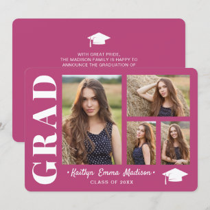4 Photo Collage Modern Script Pink Grad Announcement