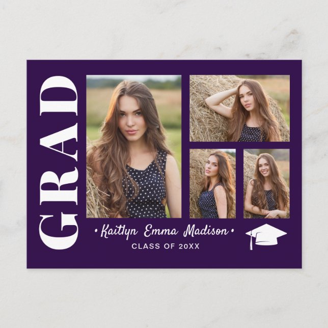 4 Photo Collage Modern Script Purple Grad Postcard (Front)
