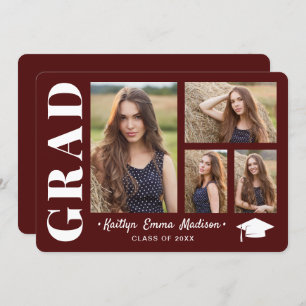 4 Photo Collage Modern Script Red Grad Announcement